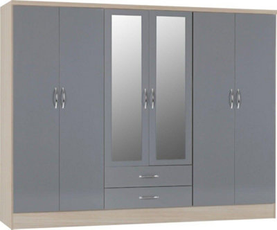 Nevada 6 Door 2 Drawer Mirrored Wardrobe in Grey Gloss and Oak Effect Finish