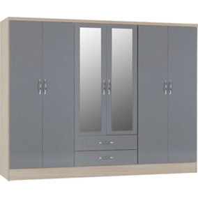 Nevada 6 Door 2 Drawer Mirrored Wardrobe in Grey Gloss and Oak Effect Finish