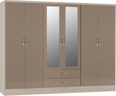 Nevada 6 Door 2 Drawer Mirrored Wardrobe in Oyster Gloss and Oak Effect Finish