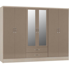 Nevada 6 Door 2 Drawer Mirrored Wardrobe in Oyster Gloss and Oak Effect Finish