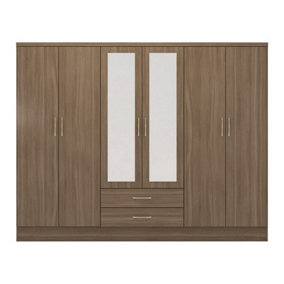Nevada 6 Door 2 Drawer Mirrored Wardrobe in Rustic Oak Effect Finish