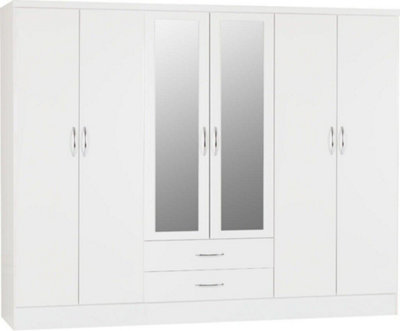 Nevada 6 Door 2 Drawer Mirrored Wardrobe in White Gloss Finish