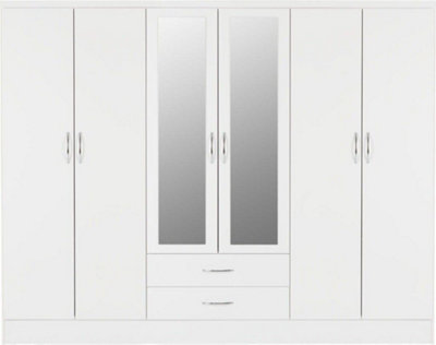 Nevada 6 Door 2 Drawer Mirrored Wardrobe in White Gloss Finish