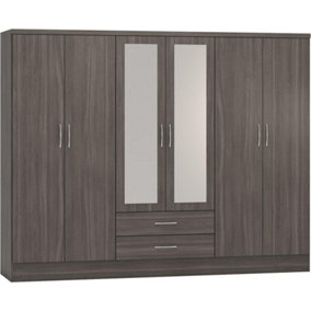 Nevada 6 Door 2 Drawer Mirrored Wardrobe - L52 x W230 x H182.5 cm - Black Wood Grain