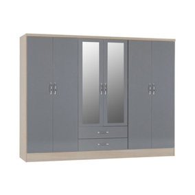 Nevada 6 Door 2 Drawer Mirrored Wardrobe - L52 x W230 x H182.5 cm - Grey Gloss/Light Oak Effect Veneer
