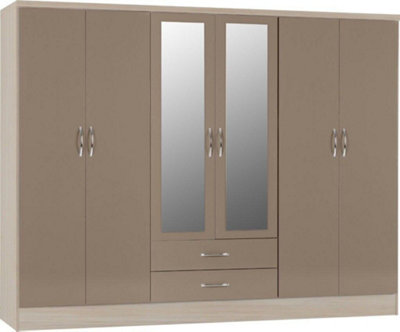 Nevada 6 Door 2 Drawer Mirrored Wardrobe - L52 x W230 x H182.5 cm - Oyster Gloss/Light Oak Effect Veneer