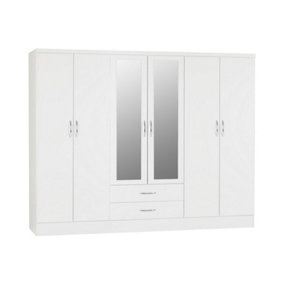 Nevada 6 Door 2 Drawer Mirrored Wardrobe - L52 x W230 x H182.5 cm - White Gloss