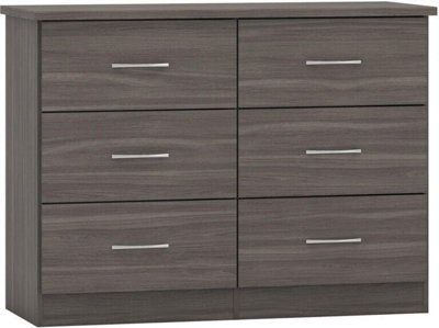 Nevada 6 Drawer Wide Chest of Drawers Black Wood Grain Effect