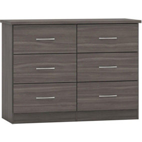 Nevada 6 Drawer Wide Chest of Drawers Black Wood Grain Effect