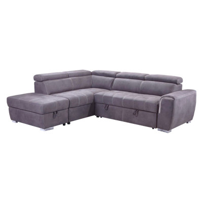 Nevada Large Grey L Shaped Suede Tilting Headrest and Storage Ottoman Included Grey Left Hand Facing