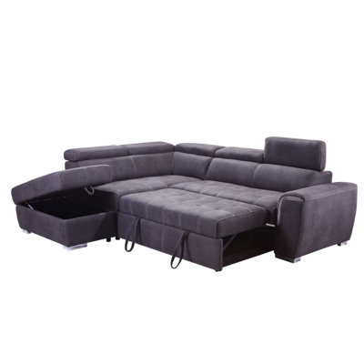 Nevada Large Grey L Shaped Suede Tilting Headrest and Storage Ottoman Included Grey Left Hand Facing