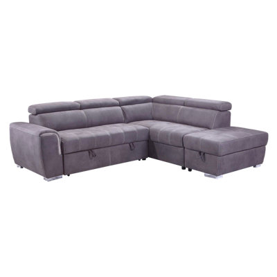 Nevada Large Grey L Shaped Suede Tilting Headrest and Storage Ottoman Included Grey Right Hand Facing