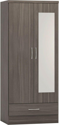 Nevada Mirrored 2 Door 1 Drawer Wardrobe Black Wood Grain Effect