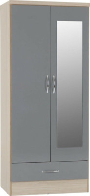 Nevada Mirrored 2 Door 1 Drawer Wardrobe Grey and Oak Effect