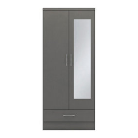 Nevada Mirrored 2 Door 1 Drawer Wardrobe in 3D Effect Grey Finish