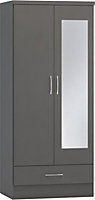 Nevada Mirrored 2 Door 1 Drawer Wardrobe - L52 x W78 x H182.5 cm - 3D Effect Grey