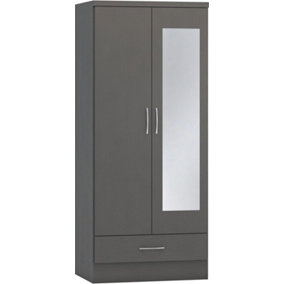 Nevada Mirrored 2 Door 1 Drawer Wardrobe - L52 x W78 x H182.5 cm - 3D Effect Grey