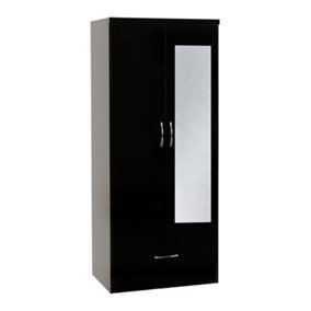 Nevada Mirrored 2 Door 1 Drawer Wardrobe - L52 x W78 x H182.5 cm - Black Gloss