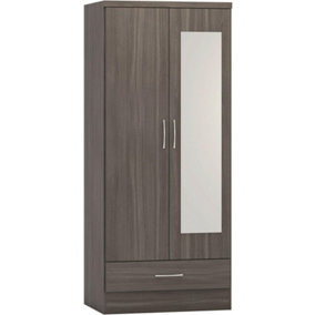 Nevada Mirrored 2 Door 1 Drawer Wardrobe - L52 x W78 x H182.5 cm - Black Wood Grain