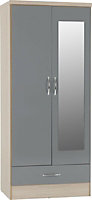 Nevada Mirrored 2 Door 1 Drawer Wardrobe - L52 x W78 x H182.5 cm - Grey Gloss/Light Oak Effect Veneer