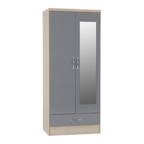 Nevada Mirrored 2 Door 1 Drawer Wardrobe - L52 x W78 x H182.5 cm - Grey Gloss/Light Oak Effect Veneer