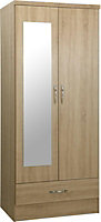 Nevada Mirrored 2 Door 1 Drawer Wardrobe - L52 x W78 x H182.5 cm - Sonoma Oak Effect