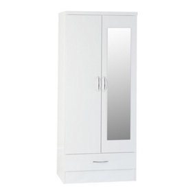 Nevada Mirrored 2 Door 1 Drawer Wardrobe - L52 x W78 x H182.5 cm - White Gloss