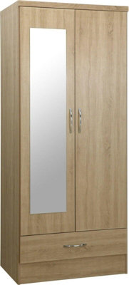 Nevada Mirrored Wardrobe 2 Door 1 Drawer Wardrobe Sonoma Oak Effect