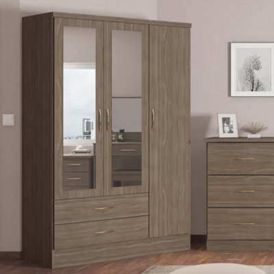Nevada Rustic Oak Effect 3 Door 2 Drawer Mirrored Wardrobe Metal