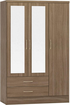 Nevada Rustic Oak Effect 3 Door 2 Drawer Mirrored Wardrobe Metal Runners