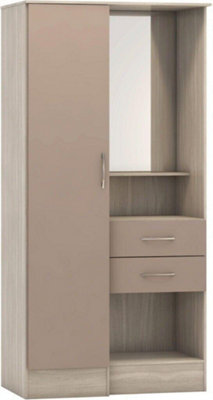 Nevada Vanity 1 Door Wardrobe - L52 x W90 x H183.5 cm - Oyster Gloss/Light Oak Effect Veneer
