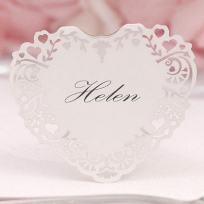 Neviti Vintage Romance Platzkarten – 10 Stück, Weiß Mit Silberrand, Herz-Motiv Für Hochzeitstische