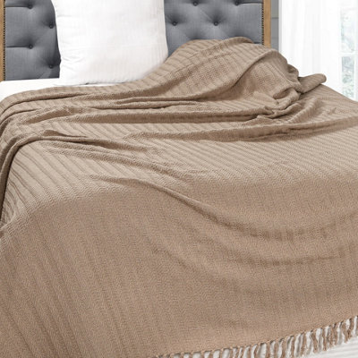 Nevni Decorative Rustic Cotton King Size Throw Blanket With Fringes For Sofa, Bed, Armchair, Couch 225 x 250 cm - Mocha