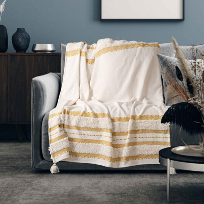 Nevni Soft Cotton Striped Tufted Double Throw for Sofa, Couch, Bed - 150 x 200 cm, Ochre