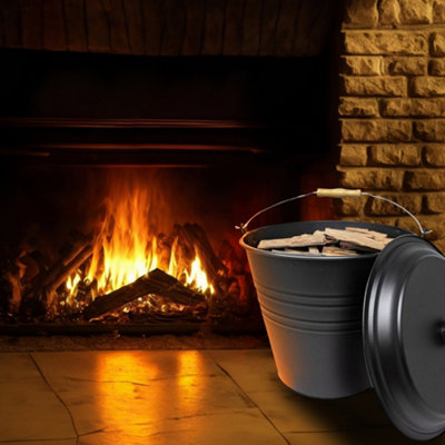 New 12L Metal Ash Bucket With Lid Wooden Handle Fireplace Container Litre Coal
