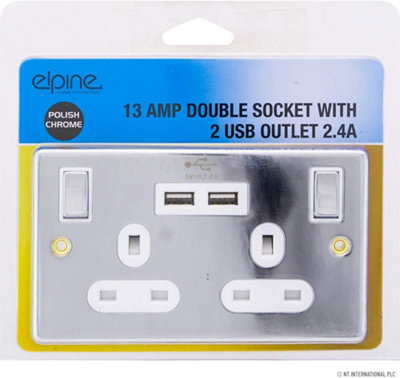 New 13 Amp Chrome Polish Socket Double Switch Usb Plug 2 Gang Power Electric
