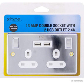 New 13 Amp Chrome Polish Socket Double Switch Usb Plug 2 Gang Power Electric