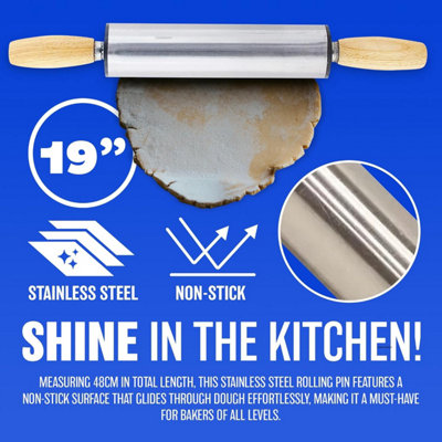 New 19 Inch Rolling Pin Stainless Steel Non Stick Roller Cooking Food ...