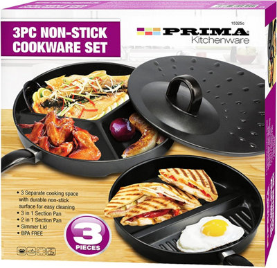 3 In 1 Fry Pan Grill Divided 3 Section Multi Fry Pan,tri-ply