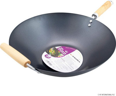 New 35cm Non Stick Wok Cookware Double Wooden Handle Cooking Kitchen Stir Cook
