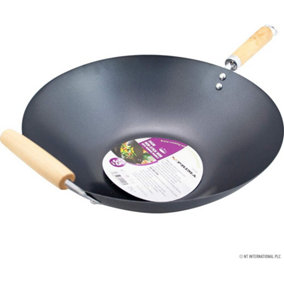 New 35cm Non Stick Wok Cookware Double Wooden Handle Cooking Kitchen Stir Cook