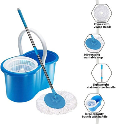 New 360 Spinning Rotating 2 Microfibre Cleaning Heads Spin Mop With Bucket Kitchen
