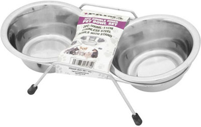 New 3pc Double Pet Diner Bowl Set Stainless Steel Raised Stand Cats Dog Feeding