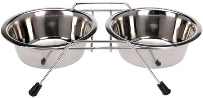 New 3pc Double Pet Diner Bowl Set Stainless Steel Raised Stand Cats Dog Feeding