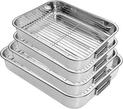 New 4 Pcs Professional Stainless Steel Roasting Trays with Removable Rack Pan Kitchen Cooking Baking Sturdy Handles Built to Last