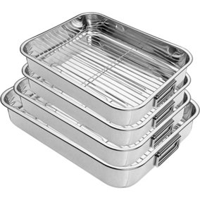 New 4 Pcs Professional Stainless Steel Roasting Trays with Removable Rack Pan Kitchen Cooking Baking Sturdy Handles Built to Last