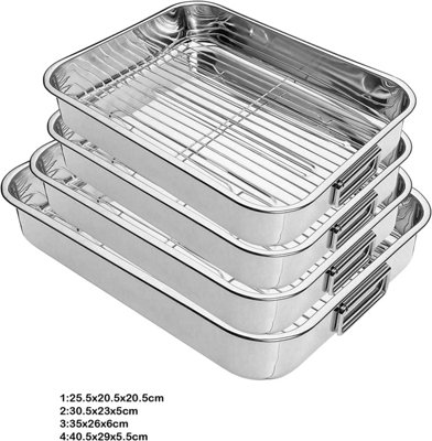 New 4 Pcs Professional Stainless Steel Roasting Trays with Removable Rack Pan Kitchen Cooking Baking Sturdy