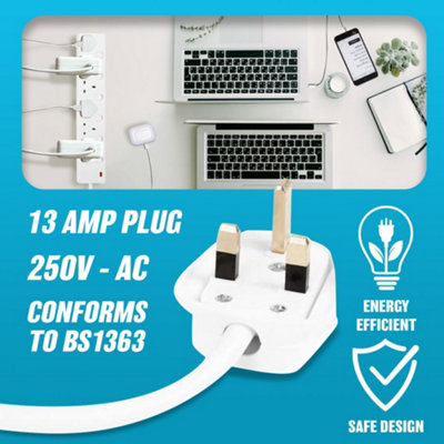 New 6 Way Gang 2m Extension Lead Uk Cable 13 Amp Switched Socket Power ...