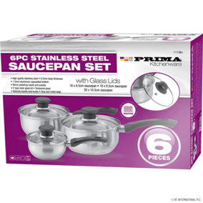 New 6Pc Stainless Steel Saucepan Set With Glass Lids Cooking Kit