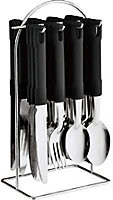 New Black 24pc Cutlery Dinner Set Stainless Steel Metal Stand Rack Forks Tea Spoons